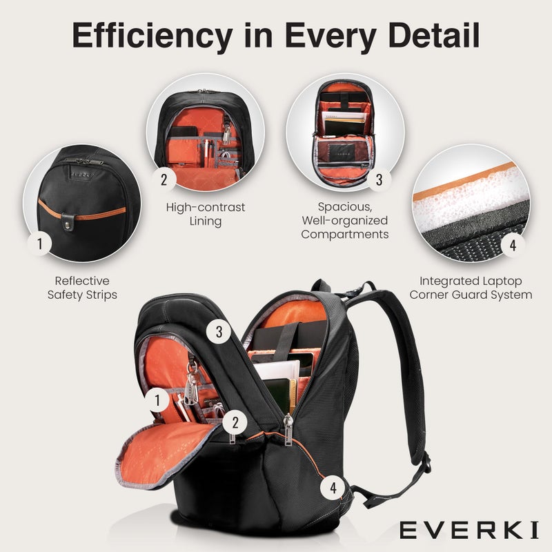 EVERKI Glide 17.3 Inch Laptop Backpack for Men & Women - Heavy-Duty, Water-Resistant Bookbag with Reflective Strips for College, Travel or Motorcycle (Black, EKP129) - Image 3